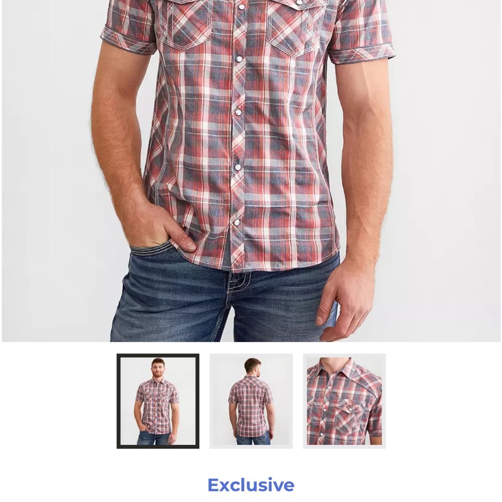 BKE Men's Short-Sleeve Plaid Button-Down Shirt in Red and Gray